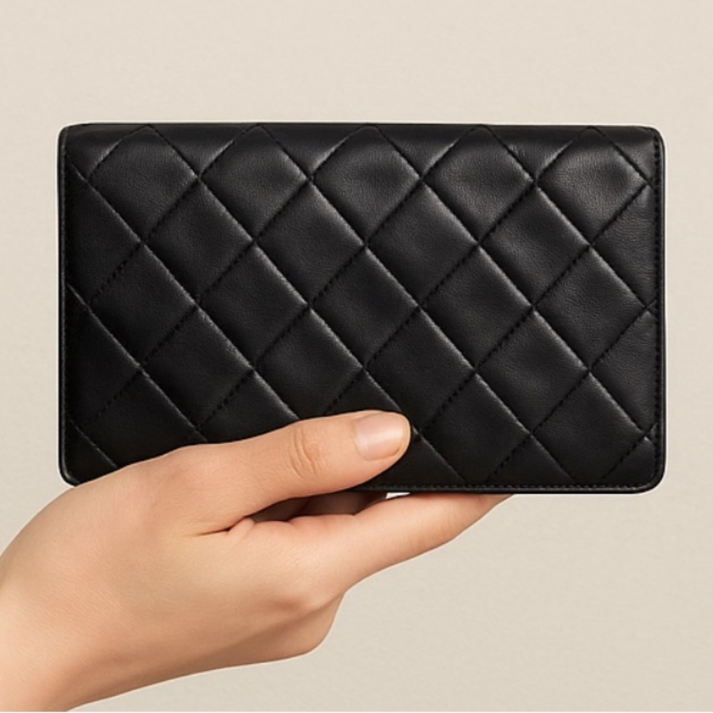 CHANEL Black Quilted Lambskin leather, rare, vintage clutch/wallet.